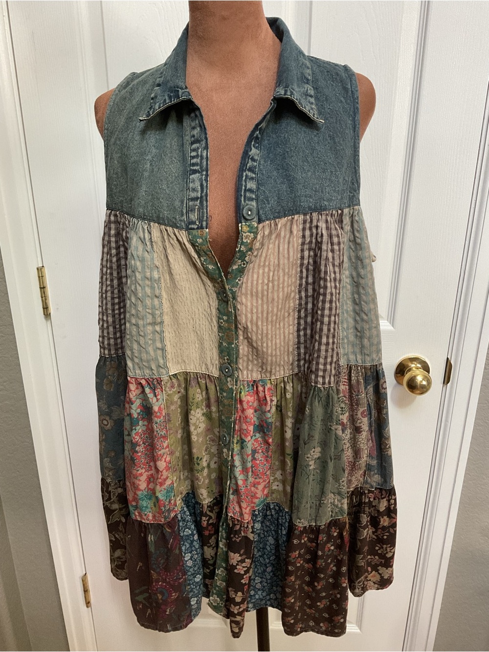 Sleeveless Patchwork top in Denim and Multi Floral